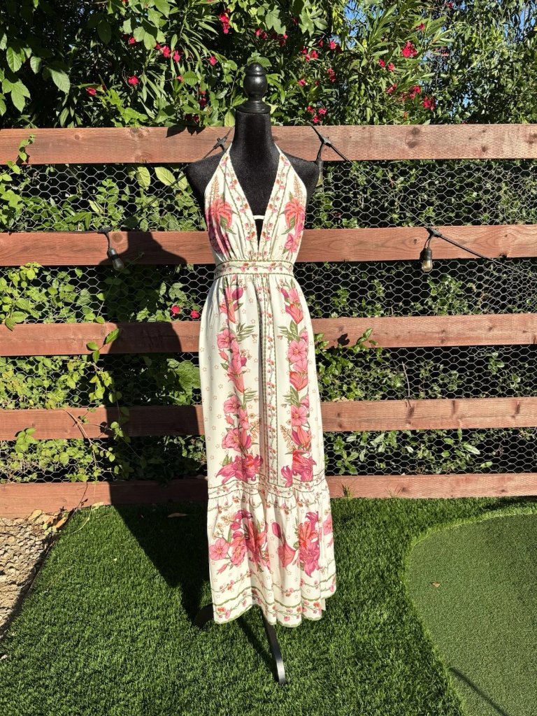Commense Xs Floral Halter Maxi Dress White Pink Green Chiffon Ruffle Lined